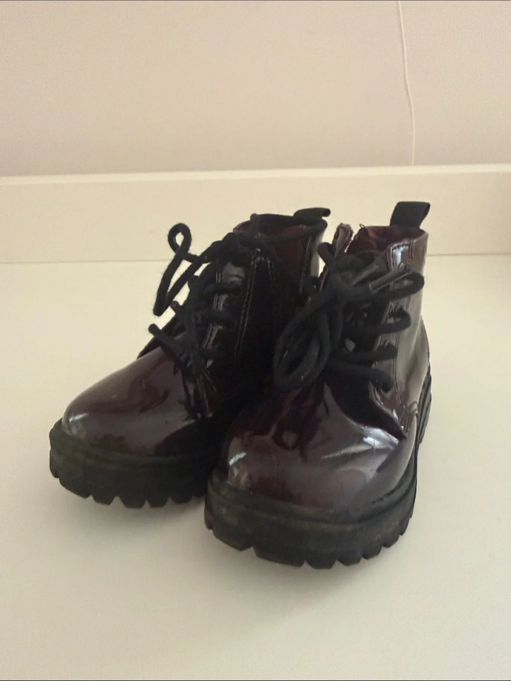 Zara Kids Lace-Up Patent Ankle Boots in Deep Burgundy- size 20